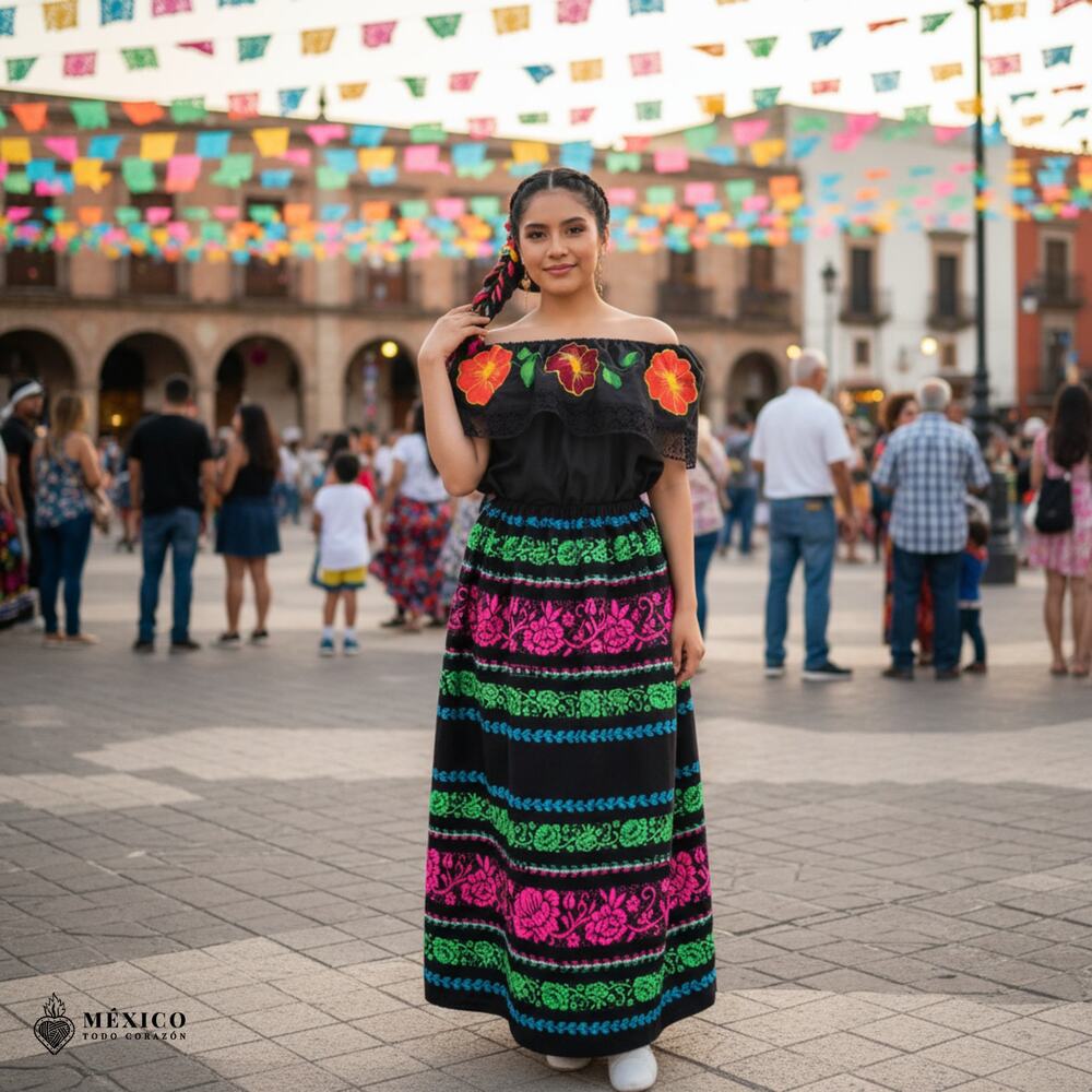 Traditional Mexican Floral Cambaya Dress Set – Handmade Three-Pieces